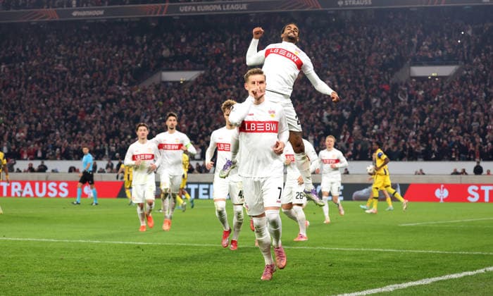 Stuttgart, Football UEFA Europa League, Season 2025 2026, VfB Stuttgart vs Maccabi Tel Aviv, Cheering after the 3-0 goal, Scorer Maximilian Mittelstädt VfB