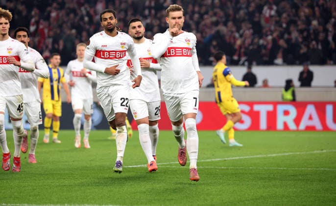 Stuttgart, Football UEFA Europa League, Season 2025 2026, VfB Stuttgart vs Maccabi Tel Aviv, Cheering after the 3-0 goal, Scorer Maximilian Mittelstädt VfB