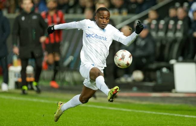 Genk s Yira Sor fights for the ball during a soccer game between Danish FC Midtjylland and Belgian KRC Genk, on Thursday 11 December 2025 in Herning, Denmark, on the sixth game (out of 8) in the league phase of the UEFA Europa League competition. LEONxGONZALES  x148236067x