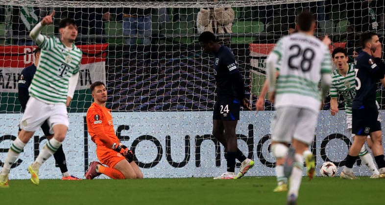 11.12.2025 Budapest(Hungary) Ferencsvarosi TC-FC Glasgow Rangers Europa League men s football Jack Butland(2L),Nasser Djiga(3L) Rangers react after first received goal :