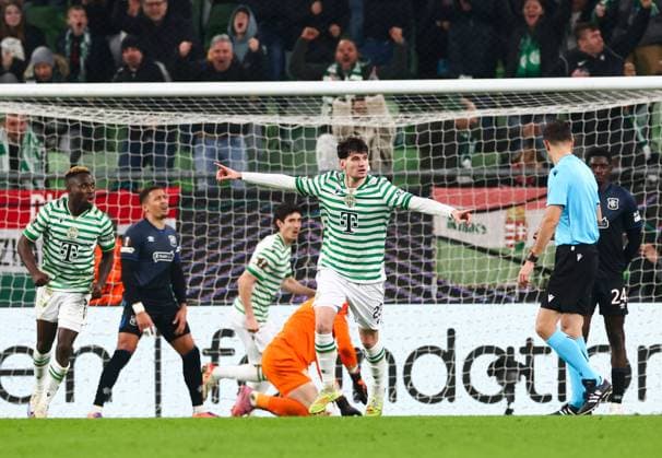 Bence Otvos of Ferencvaros celebrates scoring his sides first goal during UEFA Europa League league phase match at the Groupama Arena, Budapest. Ferencvaros v Rangers - UEFA Europa League - League Phase - Groupama Arena, Budapest, Hungary - 11 Dec 2025Budapest Groupama Arena United Kingdom  Copyright: xO Rourke RangersxFC Shutterstockx 16081545s
