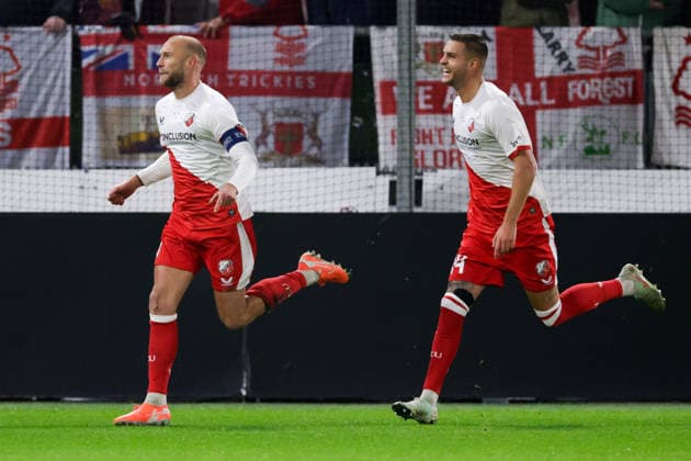 2025-12-11 FC Utrecht v Nottingham Forest FC - UEFA Europa League 2025 26 League Phase MD6 UTRECHT, NETHERLANDS - DECEMBER 11: Mike van der Hoorn of FC Utrecht celebrates after scoring the team s first goal with Mike Eerdhuijzen of FC Utrecht during the UEFA Europa League 2025 26 League Phase MD6 match between FC Utrecht and Nottingham Forest FC at Stadion Galgenwaard on December 11, 2025 in Utrecht, Netherlands. Utrecht Stadion Galgenwaard Netherlands Content not available for redistribution in The Netherlands directly or indirectly through any third parties. Copyright: xJorisxVerwijstx