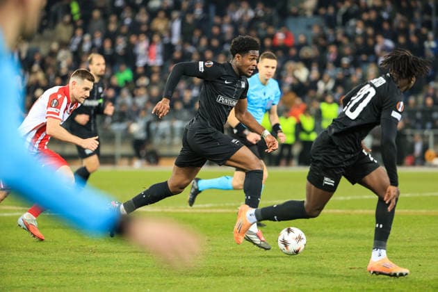 SOCCER - UEFA EL, Sturm vs Red Star GRAZ,AUSTRIA,11.DEC.25 - SOCCER - UEFA Europa League, SK Sturm Graz vs Red Star Belgrade. Image shows Tochi Phil Chukwuani (Sturm).  GEPAxpictures xWolfgangxGrebien