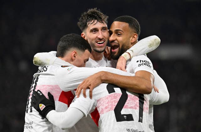 GOAL for 4 1 Josha Vagnoman VfB Stuttgart 04 Goal celebration Bilal El Khannouss VfB Stuttgart 11 Badredine Bouanani VfB Stuttgart 27 Atakan Karazor VfB Stuttgart 16 VfB Stuttgart vs Maccabi Tel Aviv FC EUROPA LEAGUE EL 11 12 2025 DFL REGULATIONS PROHIBIT ANY USE OF PHOTOGRAPHS AS IMAGE SEQUENCES AND OR QUASI VIDEO VfB Stuttgart vs Maccabi Tel Aviv FC EUROPA LEAGUE EL