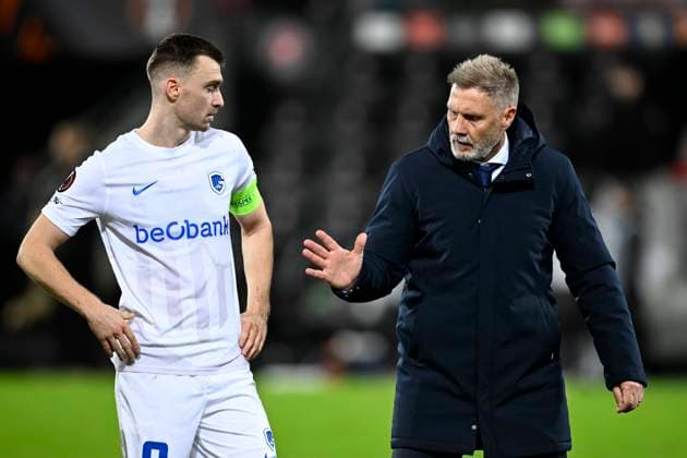 Midtjylland v KRC Genk - UEFA Europa League MIDTJYLLAND, DENMARK - DECEMBER 11 : Heynen Bryan midfielder of KRC Genk and Fink Thorsten head coach of KRC Genk after the UEFA Europa League 2025 26 League Phase MD6 match between Midtjylland and KRC Genk on December 11, 2025 in Midtjylland, Denmark, 11 12 2025 Midtjylland Denmark  Copyright: xTomasxSiskx