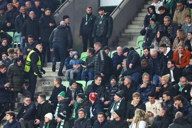 Some Rangers fans being asked to leave the home supporters sector Ferencvaros v Rangers, UEFA Europa League, Group Stage, Football, Groupama Arena, Budapest, Hungary - 11 Dec 2025Budapest Groupama Arena Hungary EDITORIAL USE ONLY No use with unauthorised audio, video, data, fixture lists, club league logos or live services. Online in-match use limited to 120 images, no video emulation. No use in betting, games or single club league player publications.  Copyright: xMichaelxZemanek Shutterstockx 16080575bm