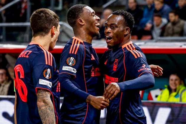 Arnaud Kalimuendo of Nottingham Forest celebrates with teammates after scoring his teams first goal FC Utrecht v Nottingham Forest FC, UEFA Europa League 2025 26 League Phase MD6, FC Utrecht v Nottingham Forest FC, Stadion Galgenwaard, December 11, 2025, Utrecht, Netherlands.