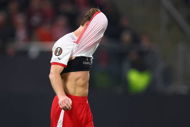 Utrecht, Netherlands, 11th December 2025. Dani de Wit of FC Utrecht reacts after Igor Jesus (not pictured) of Nottingham Forest scores to make it 2-1 during the FC Utrecht vs Nottingham Forest UEFA Europa League match at Stadion Galgenwaard, Utrecht. Picture credit should read: Paul Terry Sportimage EDITORIAL USE ONLY. No use with unauthorised audio, video, data, fixture lists, club league logos or live services. Online in-match use limited to 120 images, no video emulation. No use in betting, games or single club league player publications. SPI_049_PT_Utrecht_Notts_Forest_ SPI-4361-0049