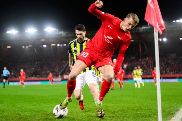 251211 Emil Kornvig of Brann during the UEFA Europa League football match between Brann and Fenerbache on December 11, 2025 in Bergen Photo Marius Simensen BILDBYRAN COP 238 MM0053 bbeng fotboll football soccer fotball uefa europa league brann fenerbache  Copyright: MARIUSxSIMENSEN BB251211ZH018