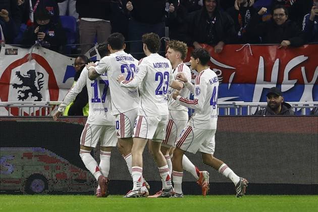 LYON , 17-11-2025 , Groupama Stadium , season 2025 2026 , UEFA Europa League League phase . match between Olympique Lyon and Go Ahead Eagles, Picture shows Olympique Lyon players celebrating the goal. Olympique Lyon - Go Ahead Eagles  x200123563x Copyright: