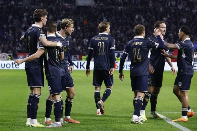 LYON , 17-11-2025 , Groupama Stadium , season 2025 2026 , UEFA Europa League League phase . match between Olympique Lyon and Go Ahead Eagles, Picture shows Eagles players celebrating the goal. Eagles player Milan Smit Olympique Lyon - Go Ahead Eagles  x200123641x Copyright: