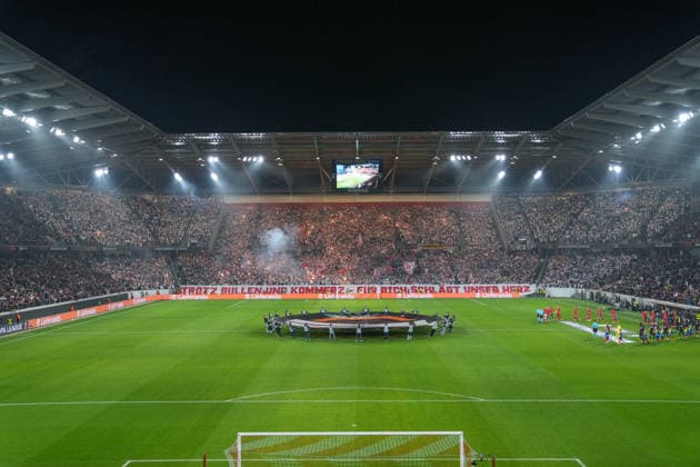 Choreography of the fans, Ultras, banners, flags, scarf, grandstand, choreography, sparklers, Germany, football, UEFA Europa League, matchday 6, league phase, 2025 2026, SC Freiburg vs FC Salzburg, 11 12 2025, Europa Park Stadion, Freiburg, Germany Freiburg Europa Park Stadion Baden Württemberg Germany Copyright: xArnexAmbergx