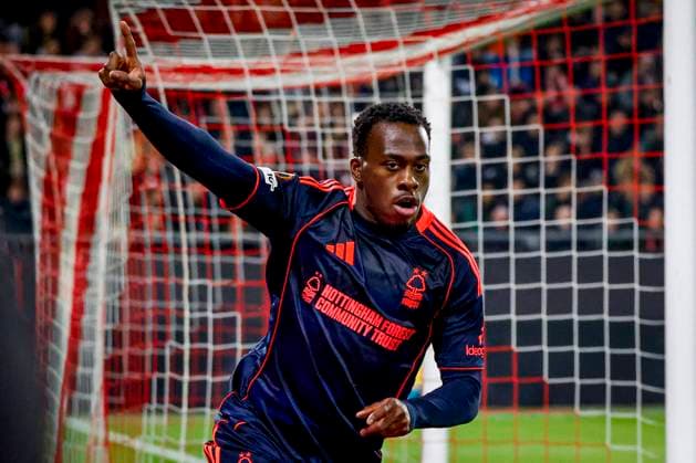Arnaud Kalimuendo of Nottingham Forest celebrates after scoring his teams first goal FC Utrecht v Nottingham Forest FC, UEFA Europa League 2025 26 League Phase MD6, FC Utrecht v Nottingham Forest FC, Stadion Galgenwaard, December 11, 2025, Utrecht, Netherlands.