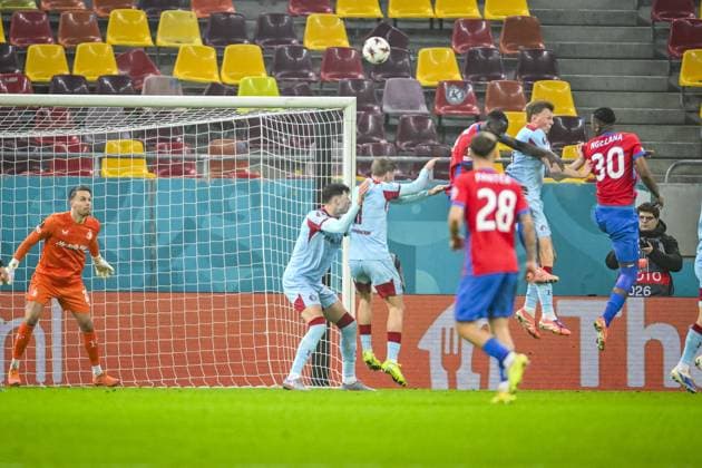 BUCHAREST , 11-12-2025 , National Arena , season 2025 2026 , UEFA Europa League football , League phase matchday 6 , match between FC Steaua Boekarest and Feyenoord , picture shows FCSB player Siyabonga Ngezana scores the 1-0 FCSB - Feyenoord  x200123784x Copyright: