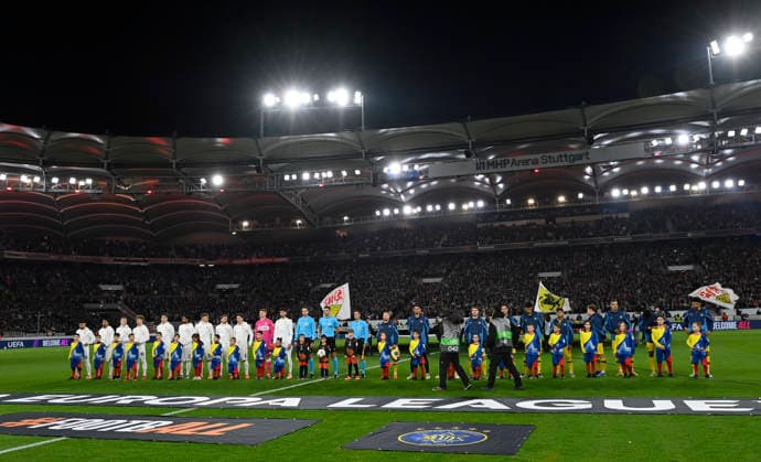 Before the start of the match Team line-up VfB Stuttgart vs Maccabi Tel Aviv FC EUROPA LEAGUE EL 11 12 2025 DFL REGULATIONS PROHIBIT ANY USE OF PHOTOGRAPHS AS IMAGE SEQUENCES AND OR QUASI VIDEO VfB Stuttgart vs Maccabi Tel Aviv FC EUROPA LEAGUE EL