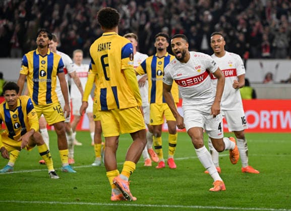 GOAL for 4 1 Josha Vagnoman VfB Stuttgart 04 Goal celebration VfB Stuttgart vs Maccabi Tel Aviv FC EUROPA LEAGUE EL 11 12 2025 DFL REGULATIONS PROHIBIT ANY USE OF PHOTOGRAPHS AS IMAGE SEQUENCES AND OR QUASI VIDEO VfB Stuttgart vs Maccabi Tel Aviv FC EUROPA LEAGUE EL