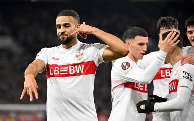 GOAL for 4 1 Josha Vagnoman VfB Stuttgart 04 Goal celebration Bilal El Khannouss VfB Stuttgart 11 VfB Stuttgart vs Maccabi Tel Aviv FC EUROPA LEAGUE EL 11 12 2025 DFL REGULATIONS PROHIBIT ANY USE OF PHOTOGRAPHS AS IMAGE SEQUENCES AND OR QUASI VIDEO VfB Stuttgart vs Maccabi Tel Aviv FC EUROPA LEAGUE EL