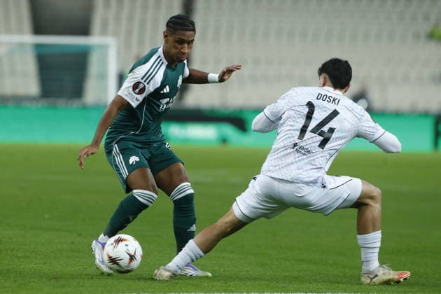 UEFA Europa League - Panathinaikos vs Viktoria Plzen - Tete of Panathinaikos in action against Merchas Doski of Viktoria Plzen during the UEFA Europa League Phase matchday 6 soccer match between Panathinaikos and Viktoria Plzen at the Olympic Athletic Center of Athens Spyros Louis in Athens, Greece, 11 Decemberr 2025. IMAGO ONE INCH PRODUCTIONS ATHENS GREECE Copyright: xONExINCHxPRODUCTIONSx 6775271