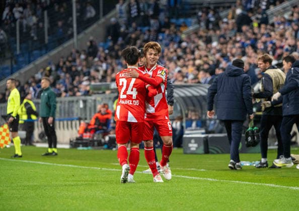 Soccer, Men, Season 2025 2026, UEFA Europa Conference League 5 Matchday , Lech Poznan 1 FSV Mainz 05, v l Sota Kawasaki Mainz , Kaishu Sano Mainz , Cheering after goal to 0 1, 11 12 2025, Copyright: xMatthiasxKochx