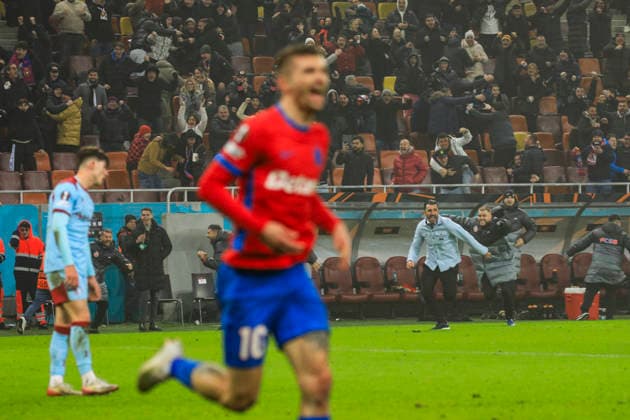 November, 11, 2025, UEFA EUROPA LEAGUE, League phase, Matchday 6, FCSB vs Feyenoord, Bucharest, National Arena Stadium Coach Elias Charalambous celebrates winning the game