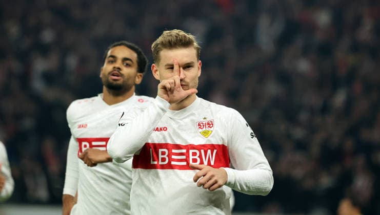 11 12 25 VfB Stuttgart Maccabi Tel Aviv FC Germany, Stuttgart, 11 12 2025, Football, UEFA Europa League, Season 2025 2026, VfB Stuttgart Maccabi Tel Aviv FC Maximilian Mittelstädt VfB Stuttgart Jubel Tor Elfmeter 3 0 Mittelstädt