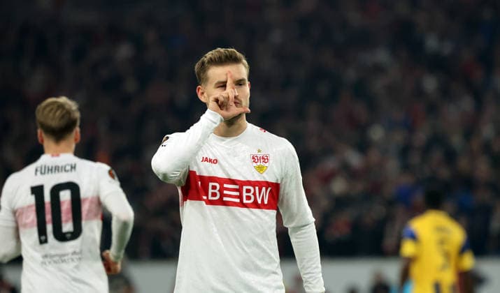 11 12 25 VfB Stuttgart Maccabi Tel Aviv FC Germany, Stuttgart, 11 12 2025, Football, UEFA Europa League, Season 2025 2026, VfB Stuttgart Maccabi Tel Aviv FC Maximilian Mittelstädt VfB Stuttgart Jubel Tor Elfmeter 3 0 Mittelstädt