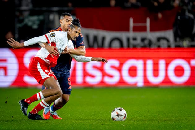 FC Utrecht forwarder Sebastien Haller, Nottingham Forest FC defender Murillo during the match FC Utrecht vs Nottingham Forest FC at the Stadium de Galgenwaard for the Europa League League League phase Matchday 6 season 2025 2026 in UTRECHT, Netherlands on 11 december 2025, photo by Marcel van Dorst EYE4images DeFodi Images
