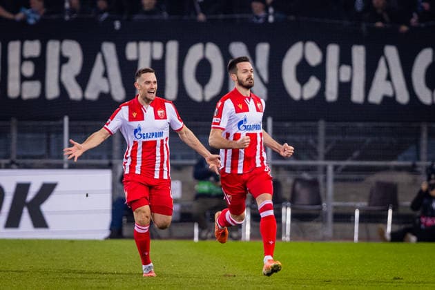STURM GRAZ - CRVENA ZVEZDA Mirko Ivanic, Tomas Handel of Crvena Zvezda celebrate a goal during the league phase of UEFA Europa league football match between SK Sturm Graz and FK Crvena Zvezda Belgrade. Graz, Austria, December 11, 2025. Photo by Branislav Racko Copyright: xx 080A3941