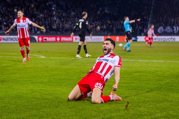 STURM GRAZ - CRVENA ZVEZDA Nayair Tiknizyan of Crvena Zvezda celebrates after during the league phase of UEFA Europa league football match between SK Sturm Graz and FK Crvena Zvezda Belgrade. Graz, Austria, December 11, 2025. Photo by Branislav Racko Copyright: xx 080A4625