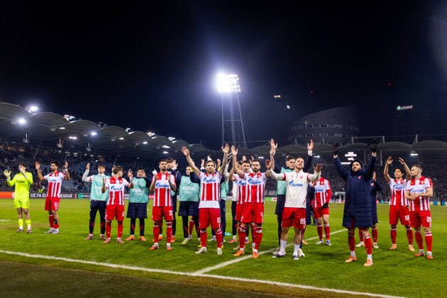 STURM GRAZ - CRVENA ZVEZDA Players of Crvena Zvezda celebarte after the league phase of UEFA Europa league football match between SK Sturm Graz and FK Crvena Zvezda Belgrade. Graz, Austria, December 11, 2025. Photo by Branislav Racko Copyright: xx 080A4701