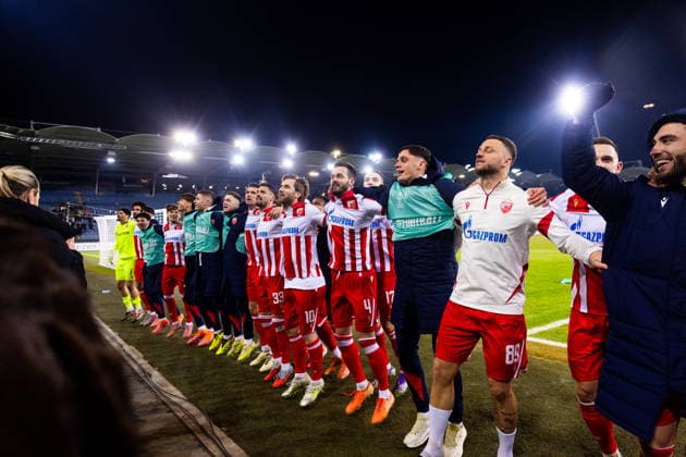 STURM GRAZ - CRVENA ZVEZDA Players of Crvena Zvezda celebarte after the league phase of UEFA Europa league football match between SK Sturm Graz and FK Crvena Zvezda Belgrade. Graz, Austria, December 11, 2025. Photo by Branislav Racko Copyright: xx 080A4716