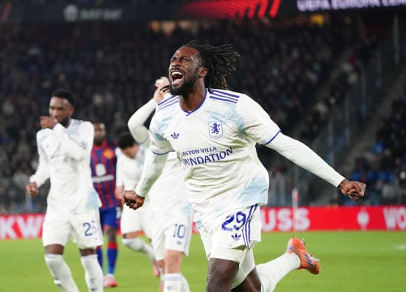 11 12 2025 Basel St Jakob Park football men season 20215 2026 Europa League FC Basel Aston Villa picture goal jubel Torschuetze Guessand Aston Villa cheer action single picture