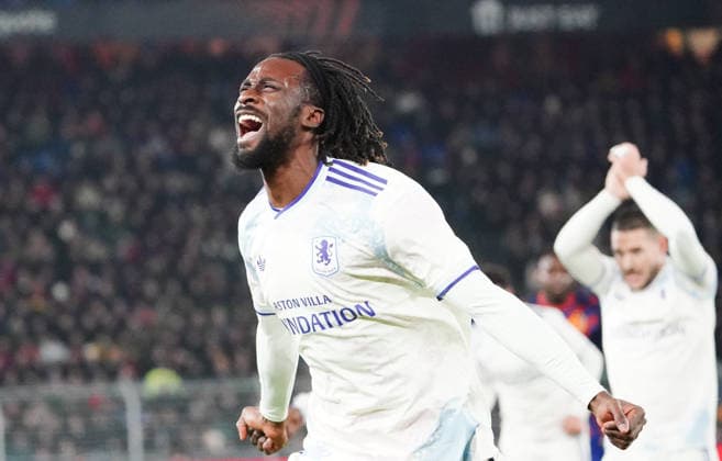 11 12 2025 Basel St Jakob Park football men season 20215 2026 Europa League FC Basel Aston Villa 1 2 picture goal scorer Evann Guessand Aston Villa action single picture cheering goal celebration