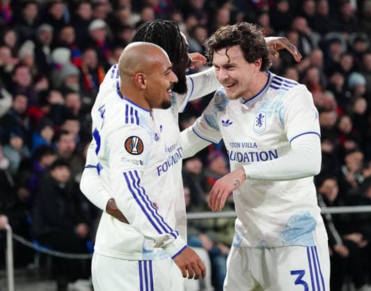 11 12 2025 Basel St Jakob Park football men season 20215 2026 Europa League FC Basel Aston Villa 1 2 picture goal celebration Donyell Malen Victor Lindeloef r Aston Villa action cheer goal celebration