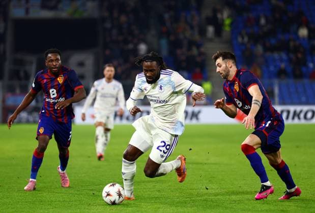 Evann Guessand of Aston Villa and Leo Leroy of Basel. FC Basel v Aston Villa, UEFA Europa League, Group Stage, Football, St. Jakob-Park, Basel, Switzerland - 11 Dec 2025Basel St. Jakob-Park Switzerland EDITORIAL USE ONLY No use with unauthorised audio, video, data, fixture lists, club league logos or live services. Online in-match use limited to 120 images, no video emulation. No use in betting, games or single club league player publications. Copyright: xJamesxMarsh Shutterstockx 16080606ds