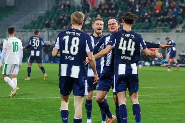 Luca Schuler 18 Hertha BSC Berlin , Marten Winkler 22 Hertha BSC Berlin , Fabian Reese 11 Hertha BSC Berlin and Linus Gechter 44 Hertha BSC Berlin cheer after the 2 0, Spvgg Greuther Fuerth vs Hertha BSC Berlin, Football, 2 Bundesliga, DFL, Season 2025 2026, First half, Matchday 16, 12 12 2025 DFB regulations prohibit any use of photographs as image sequences and or quasi video Fuerth Bayern Germany Copyright: xkolbert-press MartinxAgüerax