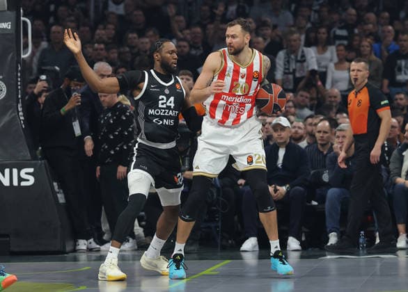 Partizan v Crvena Zvezda, Euroleague basketball, season 2025 2026, round 15 Belgrade, Serbia. 12th Dec, 2025. Crvena Zvezda s Donatas Motiejunas vies with Partizan s Bruno Fernando during Euroleague basketball match between Partizan and Crvena Zvezda (Red Star) on December 12. 2025. in Belgrade, Serbia. Belgrade Serbia Copyright: xPedjaxMilosavljevic STARSPORTx