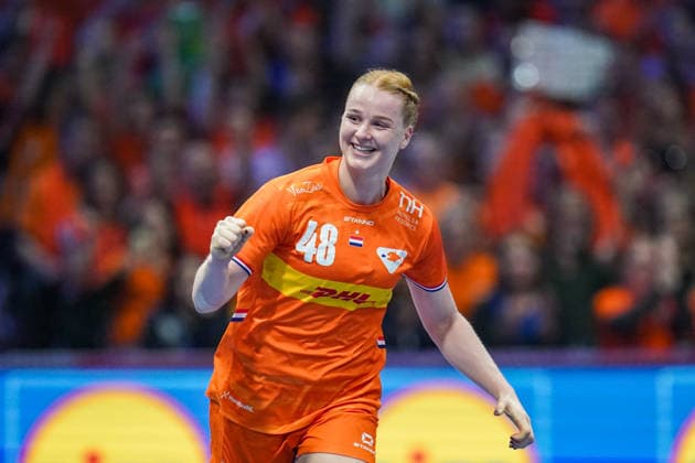 2025-12-12 Netherlands v Norway - IHF World Women s Handball Championship ROTTERDAM, NETHERLANDS - DECEMBER 12: Dione Housheer of The Netherlands celebrates after scoring during the IHF World Women s Handball Championship match between Netherlands and Norway at Ahoy on December 12, 2025 in Rotterdam, Netherlands. Rotterdam Ahoy Netherlands Content not available for redistribution in The Netherlands directly or indirectly through any third parties. Copyright: xHenkxSeppenx