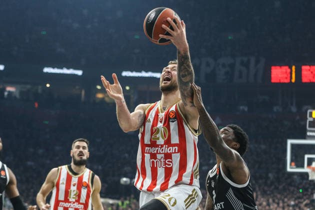 Partizan v Crvena Zvezda - EuroLeague BELGRADE, SERBIA - DECEMBER 12: Donatas Motiejunas (20) of Crvena Zvezda compete during the EuroLeague match between Partizan and Crvena Zvezda at the Belgrade Arena in Belgrade, Serbia on December 12, 2025. Filip Stevanovic Anadolu Belgrade Serbia. Editorial use only. Please get in touch for any other usage.  Copyright: x2025xAnadoluxFilipxStevanovicx