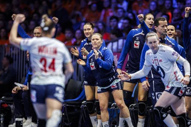 ROTTERDAM - Norwegian players cheer during the semi-final match at the World Handball Championship between the Netherlands and Norway. ANP IRIS VAN DEN BROEK netherlands out - belgium out Rotterdam xVIxxIVx 544692819 originalFilename: 544692819.jpg