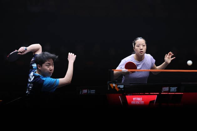 HONG KONG, CHINA - DECEMBER 13: Shin Yu-bin and Lim Jong-hoon of South Korea compete in the Mixed Doubles Semifinal match against Lin Shidong and Kuai Man of China on day 4 of WTT Finals Hong Kong 2025 at Hong Kong Coliseum on December 13, 2025 in Hong Kong, China.  Copyright: xVCGx 111609591445