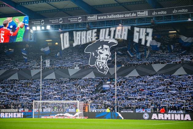 13 12 2025 Football, 2025 2026, 2 Bundesliga, Matchday 16, DSC Arminia Bielefeld 1 FC Kaiserslautern Fans Bielefeld with choreography, choreography, choreo for 10 years of Ultra 647 DFL REGULATIONS PROHIBIT ANY USE OF PHOTOGRAPHS AS IMAGE SEQUENCES AND OR QUASI VIDEO