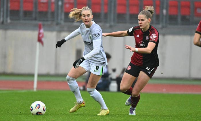 13 12 2025 Soccer Season 2025 2026 1 Google Pixel Women Bundesliga 13 Matchday 1 FC Nürnberg FCN Club Clubfrauen VfL Wolfsburg Sportfoto Zink xwoxzix Janina Minge 6, VfL Wolfsburg Beatrix Fördös Foerdoes 27, 1 FC Nürnberg FCN