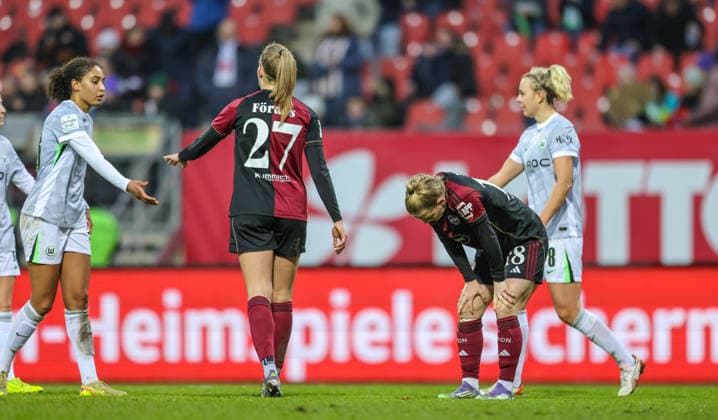 GER, Nuremberg, 1 FC Nuremberg vs VfL Wolfsburg, Google Pixel Bundesliga, Football, DFB, Season 2025 2026, Max Morlock Stadium, 13 Matchday in picture Disappointment and frustration after the match against Wolfsburg after the 1 6 after goals, Beatrix FördÅs 1 FC Nuremberg Women 27 , Franziska Mai 1 FC Nuremberg Women 18 DFB DFL REGULATIONS PROHIBIT ANY USE OF PHOTOGRAPHS AS IMAGE SEQUENCES AND OR QUASI VIDEO, 13 12 2025 Copyright: HMBxMedia HendrikxHamelau