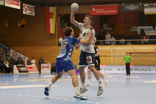 13 12 2025, Men, Handball, Season 2025 2026, 2 Handball Bundesliga, 15 Matchday TV Grosswallstadt 1 VfL Potsdam from left Maxim Schalles 87, TV Grosswallstadt and Marco Mengon 30, VfL Potsdam Elsenfeld Untermainhalle Bayern Germany