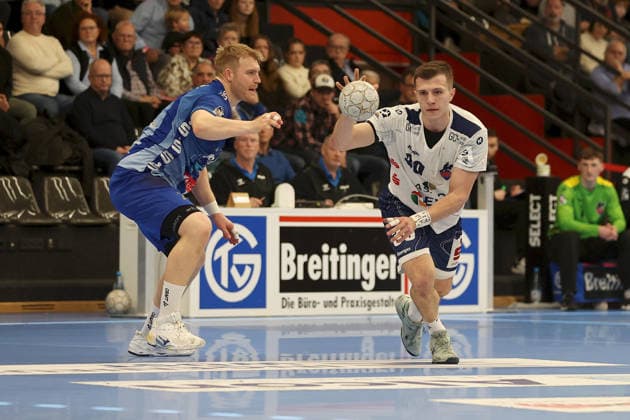 13 12 2025, Men, Handball, Season 2025 2026, 2 Handball Bundesliga, 15 Matchday TV Grosswallstadt 1 VfL Potsdam v li Patrick Gempp 7, TV Grosswallstadt and Marco Mengon 30, VfL Potsdam Elsenfeld Untermainhalle Bayern Germany