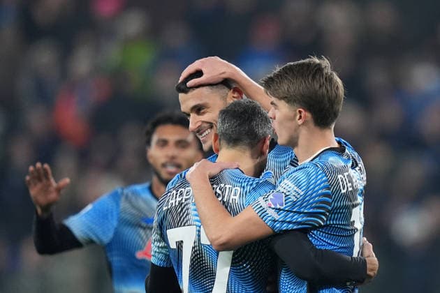 Atalanta™s Gianluca Scamacca celebrates after scoring 1-0 during the Serie A soccer match between Atalanta and Cagliari at the New Balance Stadium in Bergamo , north Italy - Saturday , December 13 , 2025. - Soccer .  Copyright: xSpada LaPressex