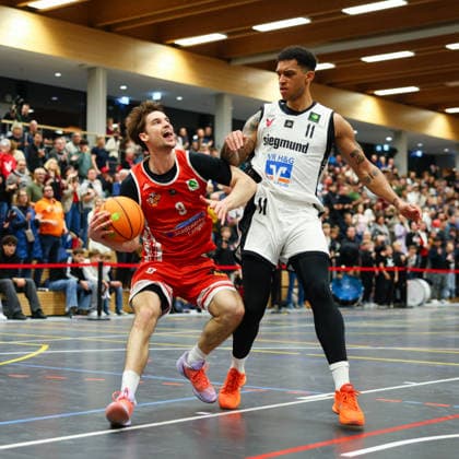Henk Droste 9, TV Langen and Ferenc Gille 11, BG Hessing Leitershofen at the match between BG Hessing Leitershofen v TV Langen, Basketball, Men, BARMER 2 Bundesliga ProB Süd, 2025 2026, Matchday 13 on 13 12 2025 in Augsburg, Mehrzweckhalle Stadtbergen Bayern Germany