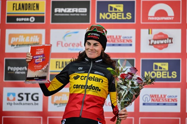 Women SUYS Leiecross Kortrijk Belgian national champion Marion Norbert Riberolle, from team Crelan-Corendon, places second in the women s elite race of the SUYS Leiecross Kortrijk, stage 4 of 7 in the Exact Cross competition, in Kortrijk, Belgium, on December 13, 2025. Kortrijk Belgium  Copyright: xGautierxDemouveauxx originalFilename:demouveaux-notitle251213_np7AR.jpg