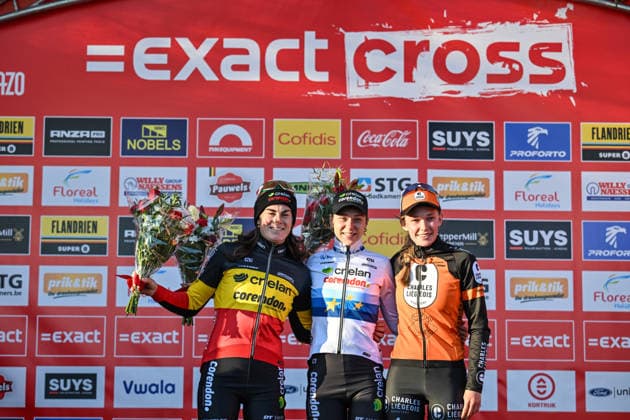 Women SUYS Leiecross Kortrijk Belgian national Marion Norbert Riberolle (2nd - team Crelan-Corendon), Dutch Inge van der Heijden (winner - team Crelan-Corendon, European champion), and Belgian Julie Brouwers (3rd - team Charles Liegeois Roastery XC) stand on the podium after the women s elite race at the SUYS Leiecross Kortrijk, stage 4 7 in the Exact Cross competition, in Kortrijk, Belgium, on December 13, 2025. Kortrijk Belgium  Copyright: xGautierxDemouveauxx originalFilename:demouveaux-notitle251213_npg5c.jpg